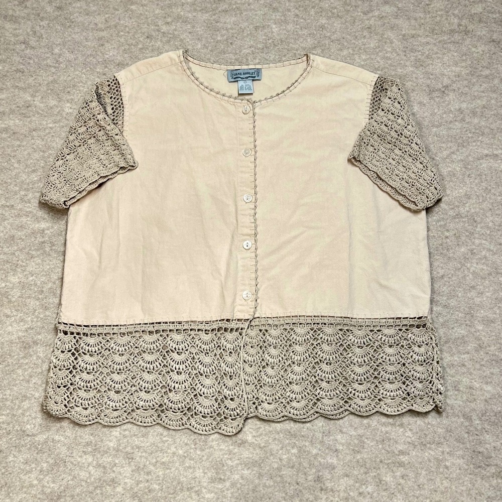 Vintage Jane Ashley Cotton Crochet Sleeve Top Womens Size L Boh Western Festival